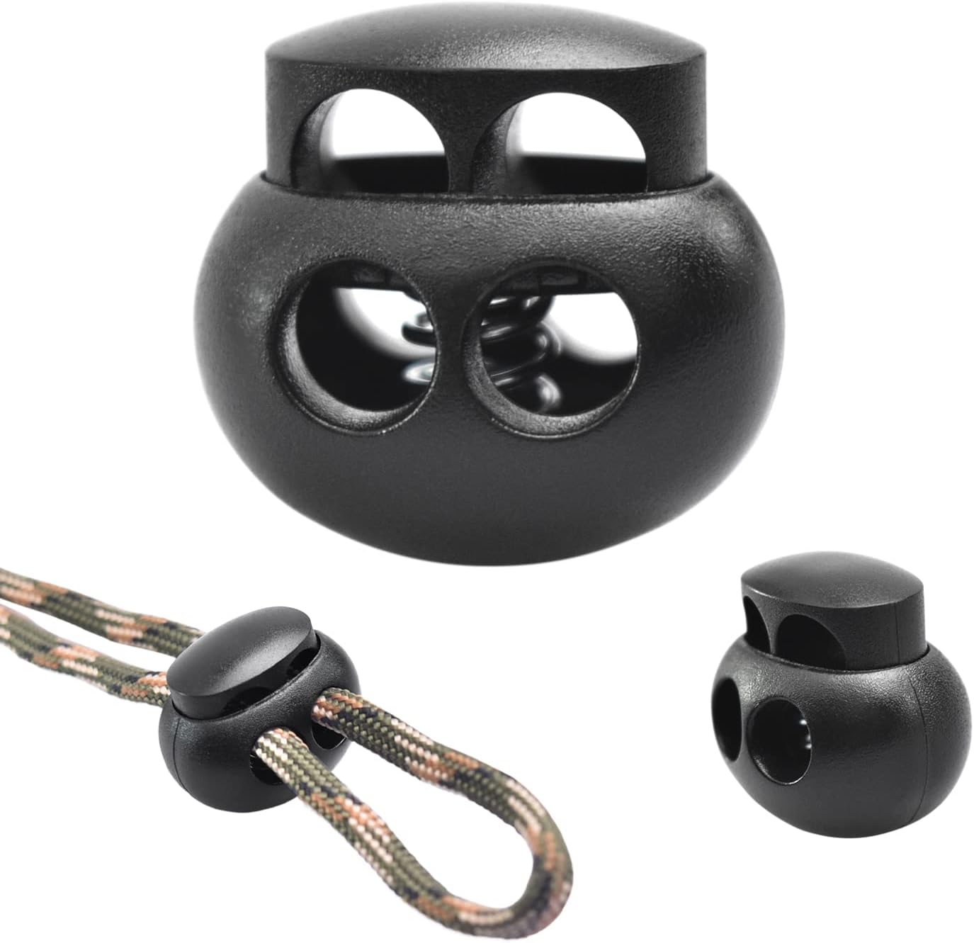 25pcs Spring Cord Lock End Stopper Fastener Slider Toggles Clip Double Hole Round Plastic for Drawstrings Lanyard Paracord Elastic Bungee Shock Cord Rope Shoe Lace Tie Locks Shoelace Lace Lock