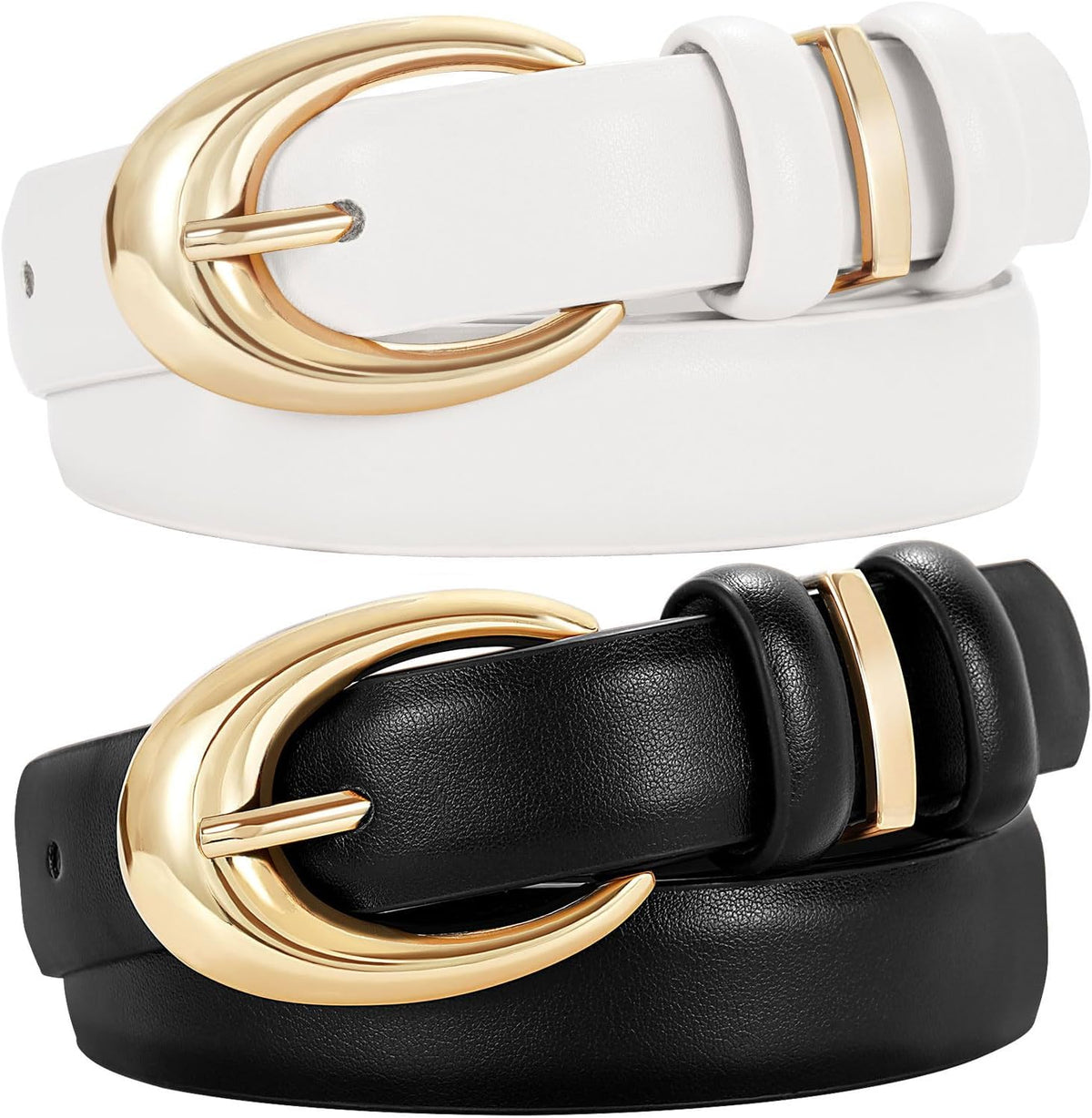 2 Pack Women Leather Belt for Jeans Pants Fashion Ladies Skinny Faux Leather Belt with Gold Buckle