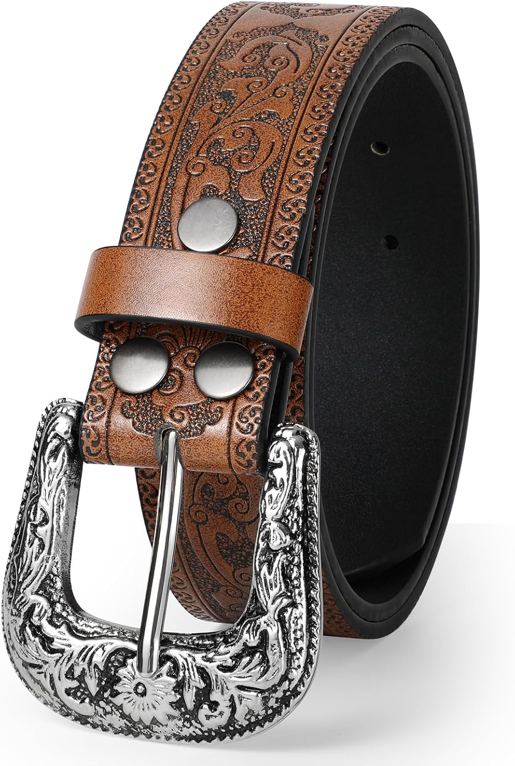 Women Western Belt Cowboy Cowgirl PU Leather Belts with Vintage Engraved Buckle