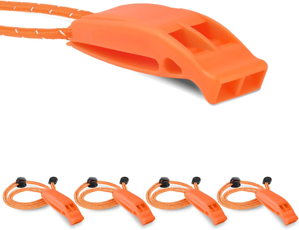 CooBigo 4Pcs Emergency Whistles, Loud Shrill Safety Whistle with Reflective Lanyard for Climbing Hiking Camping Boat Kayak