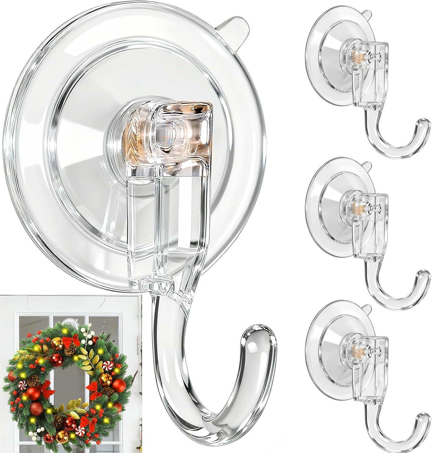 Wreath Hangers for Front Door, 4 Pack Wreath-Door-Hanger Clear Suction-Cup-Hooks on Glass Window for Easter Christmas Decorations