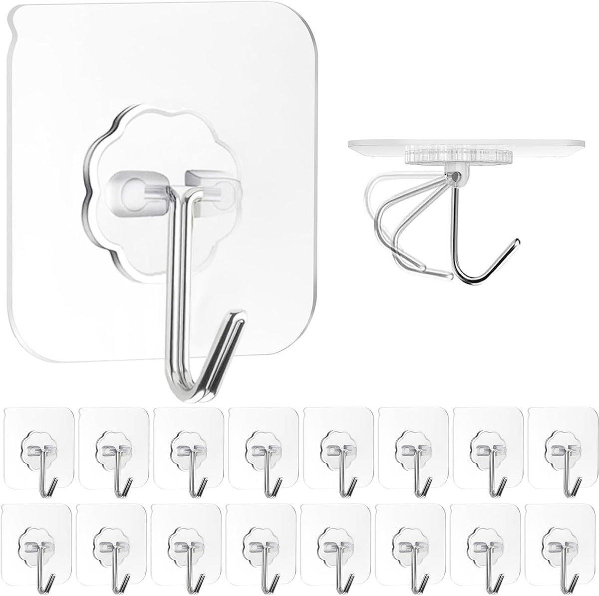 Adhesive Wall Hooks for Hanging, 16 Pack Self Sticky Hooks Heavy Duty 22lb Clear, Removable Shower Hook No Damage for Towel Key Coat Wreath Picture Outdoor Ceiling Bathroom Kitchen, Waterproof