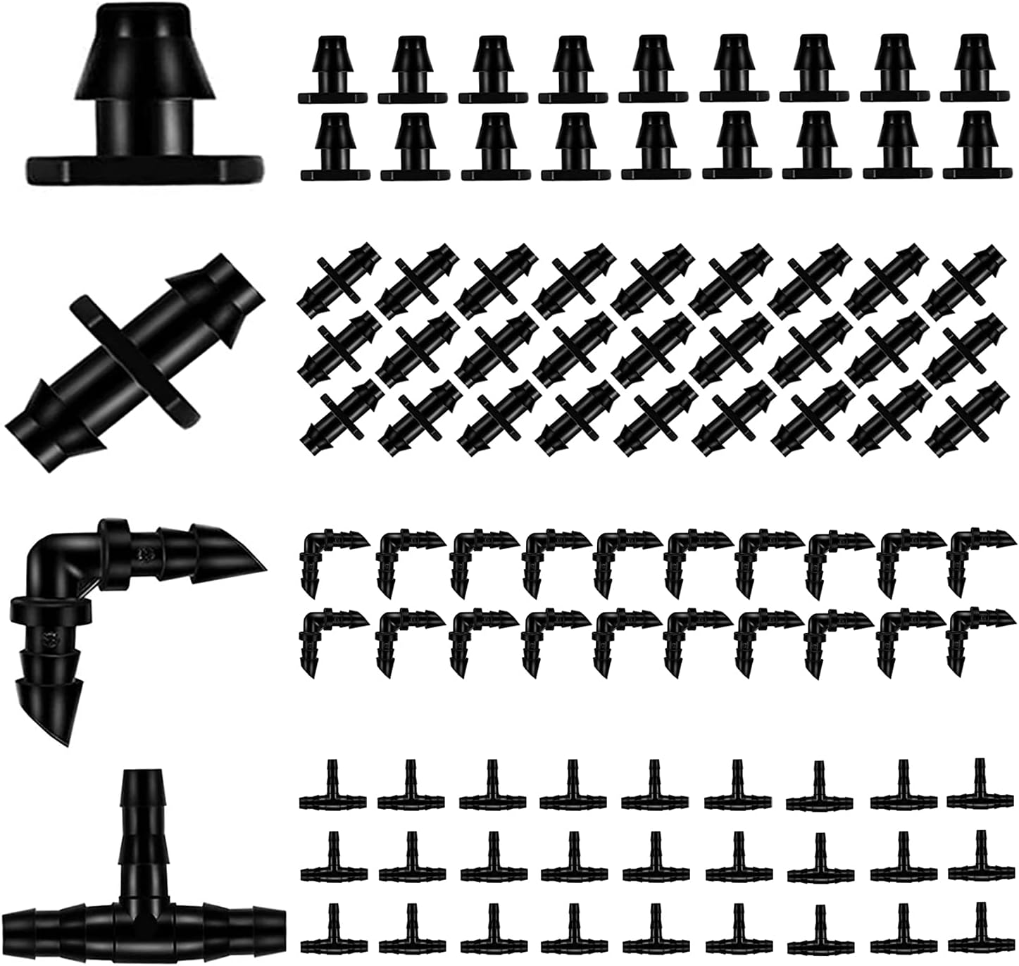 Drip Irrigation Parts 80 Pcs Mix 1/4 Inch Barbed Tee Elbow Straight Couplings End Plugs Fittings Drip Line Connectors for 1/4 Inch Irrigation Tubing Garden Watering System
