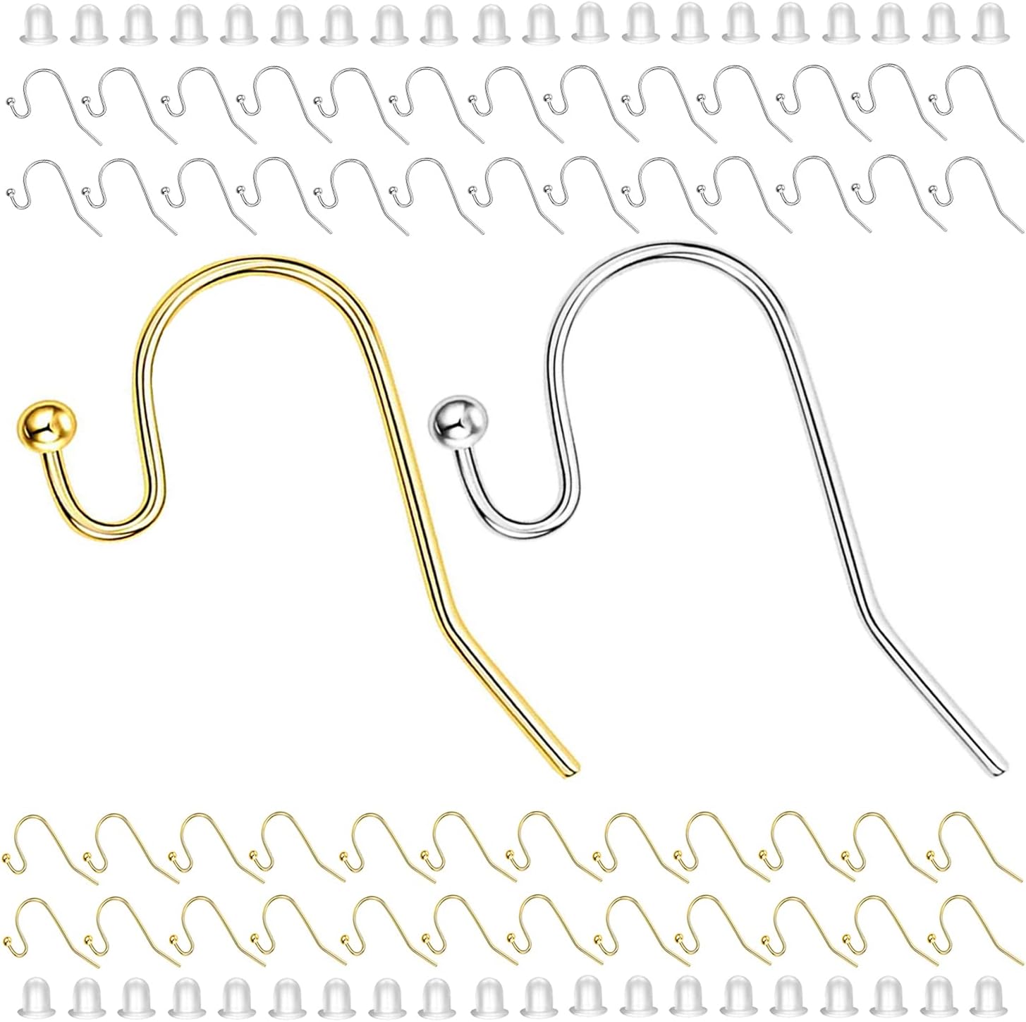 Earring Hooks 100pcs Mix Color Ball Dot Ear Wire with Rubber Backs Earwire for Jewelry Making Earring Supplies (50pcs Ear Wire Each Color and 100pcs Backs, Total 200pcs)