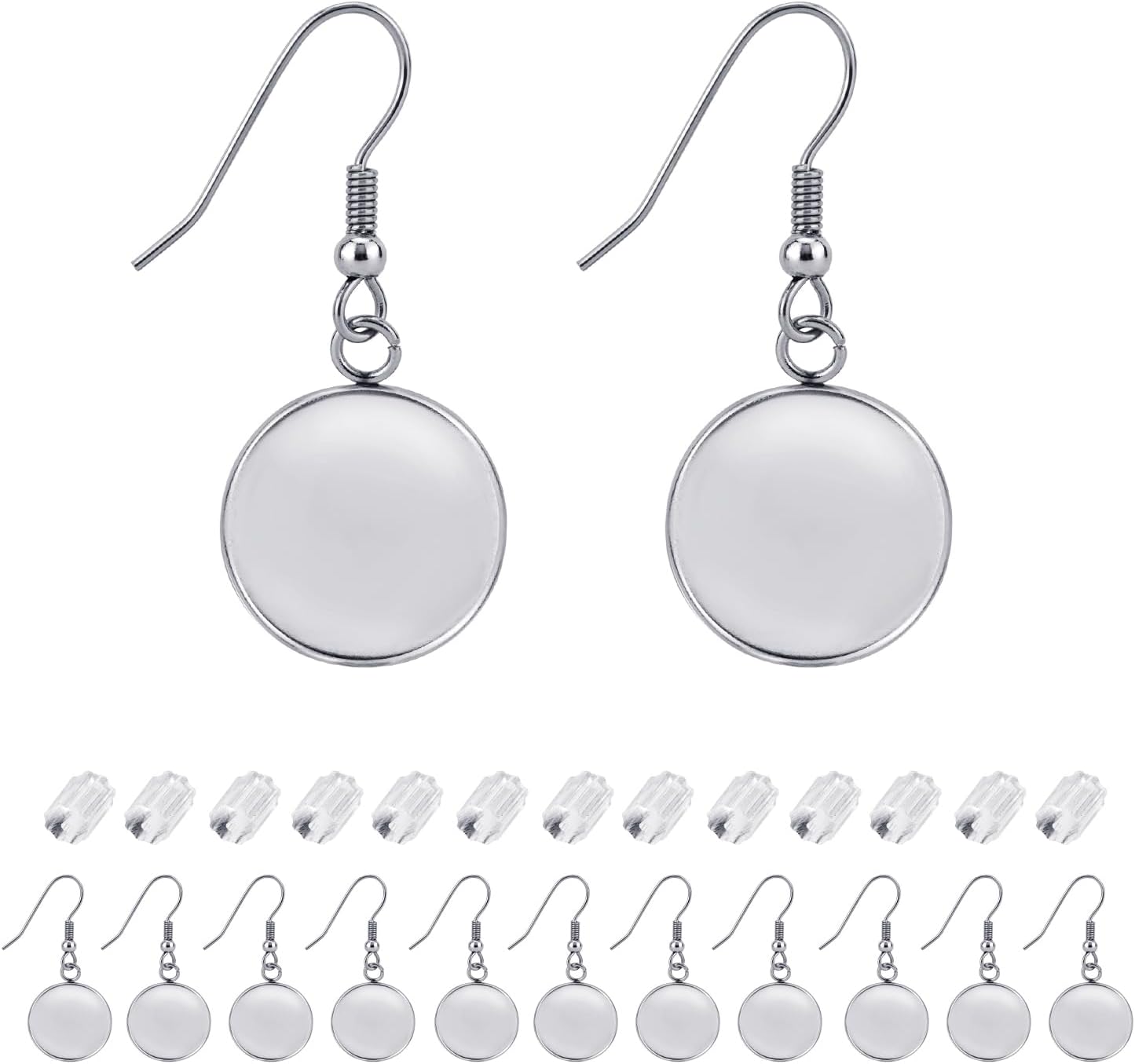 Earring Kit 30pcs Blank Ear Wire Hook 14mm Stainless Steel Cabochon Setting Earring Bezel with Rubber Backs for Cabochon Resin DIY Earwire Making (14mm, 30pcs)