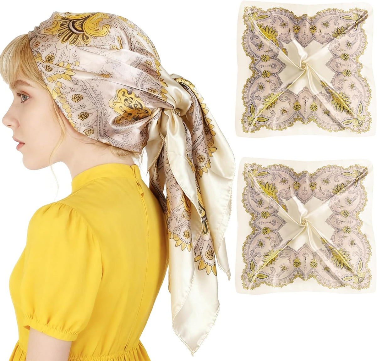 35” Large Square Head Scarf, 2PCS Satin Hair Scarves, Printed Hair Scarves, Silk Like Head Scarf for Women