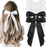 4pcs Solid Silky Satin Hair Accessories: Bows with Long Tails, Daily Wear Clips for Women and Girls, White and Black Gifts