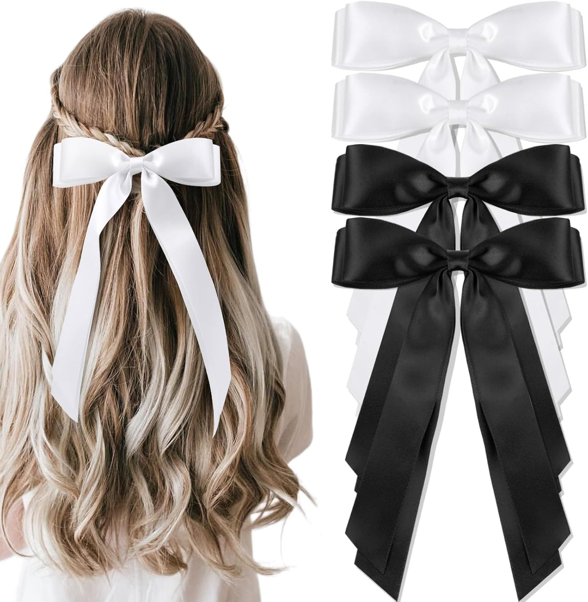 4pcs Solid Silky Satin Hair Accessories: Bows with Long Tails, Daily Wear Clips for Women and Girls, White and Black Gifts