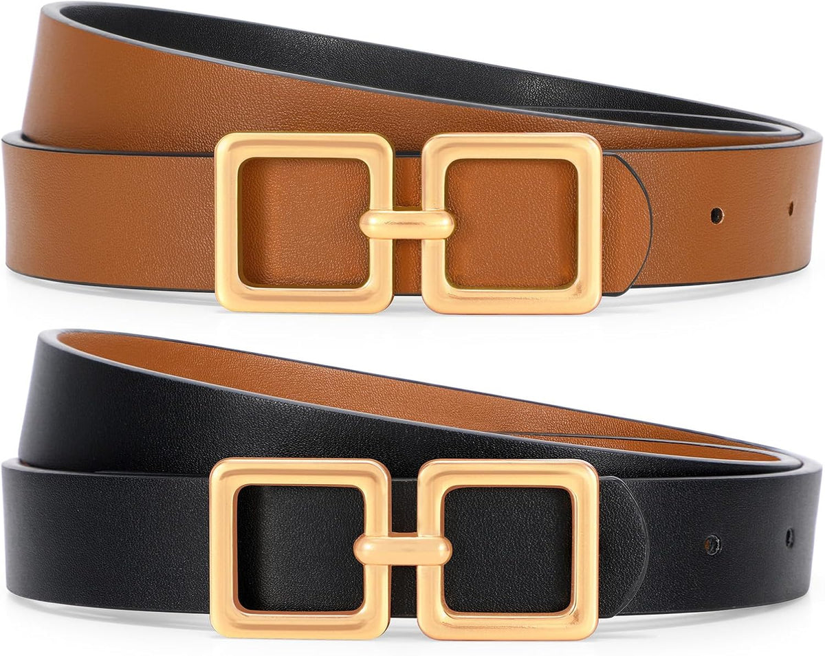 Reversible Leather Belt for Women Jeans Pants Fashion Ladies Belt for Dress with Gold Buckle
