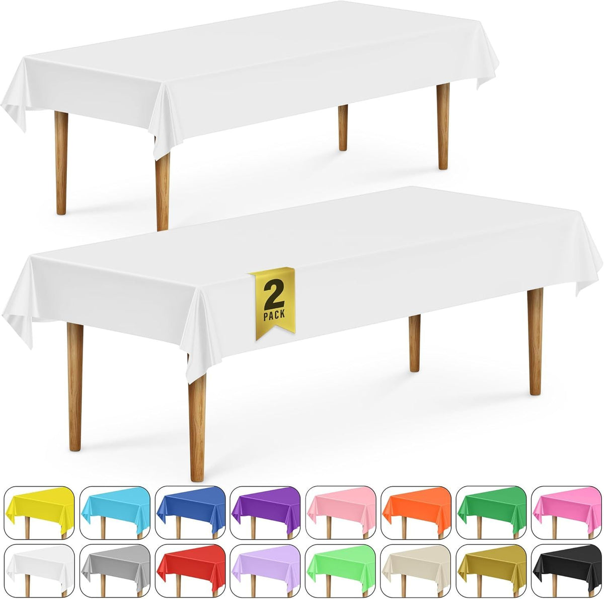 2 Rectangular Tablecloths, BPA-Free Plastic, 54 x 108 Inch, Disposable or Reusable Table Cover for Parties, Picnic & Outdoor, White (2 Pack, Individually Wrapped)