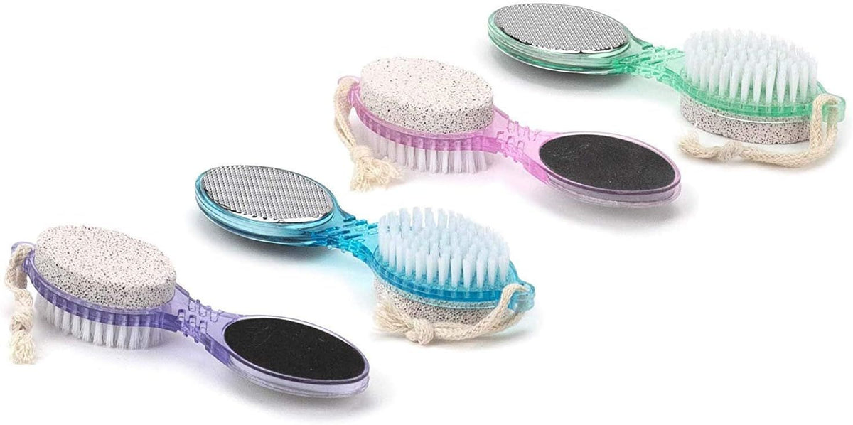4-in-1 pedicure paddle with pumice stone, brush, metal file, and emery board.