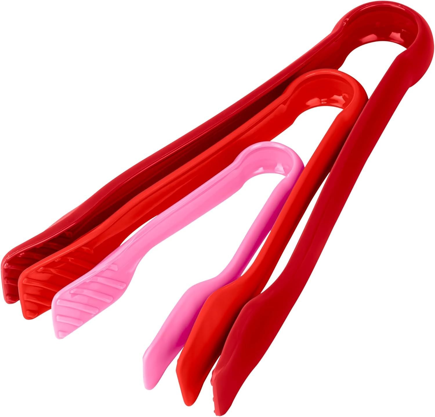 3 Pcs 6” x 8” x 10” Multi Colored Plastic Tong Set, 3 Pack Durable BPA-Free Quality Heavy Duty Perfect for BBQ, Grilling, Salad, Buffets and Kitchen (Pink, Red)