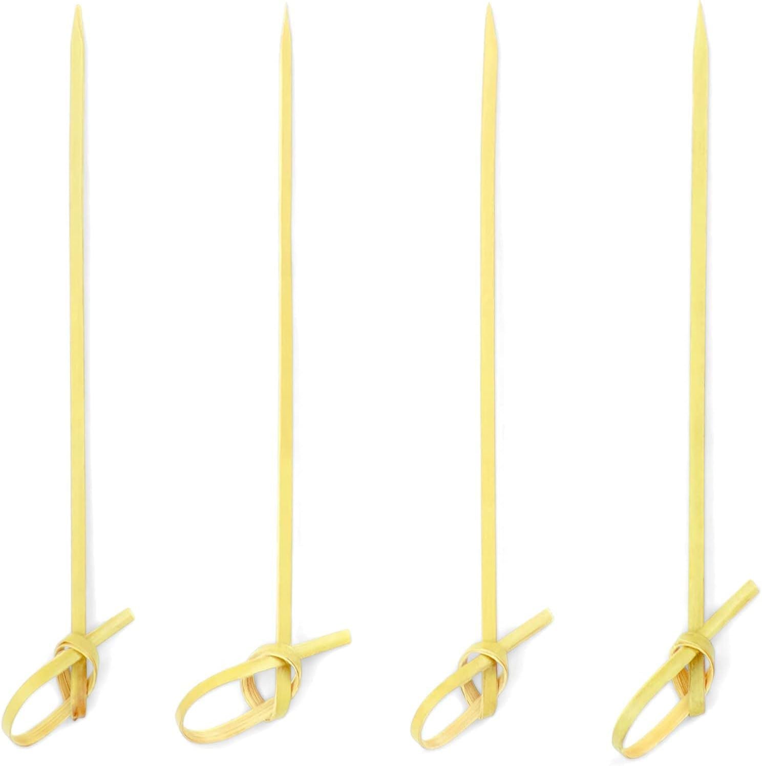 100 Bamboo Cocktail Picks, 4 inch Looped Knot Natural Bamboo Skewers for BBQ, Appetizers (100 Pack)