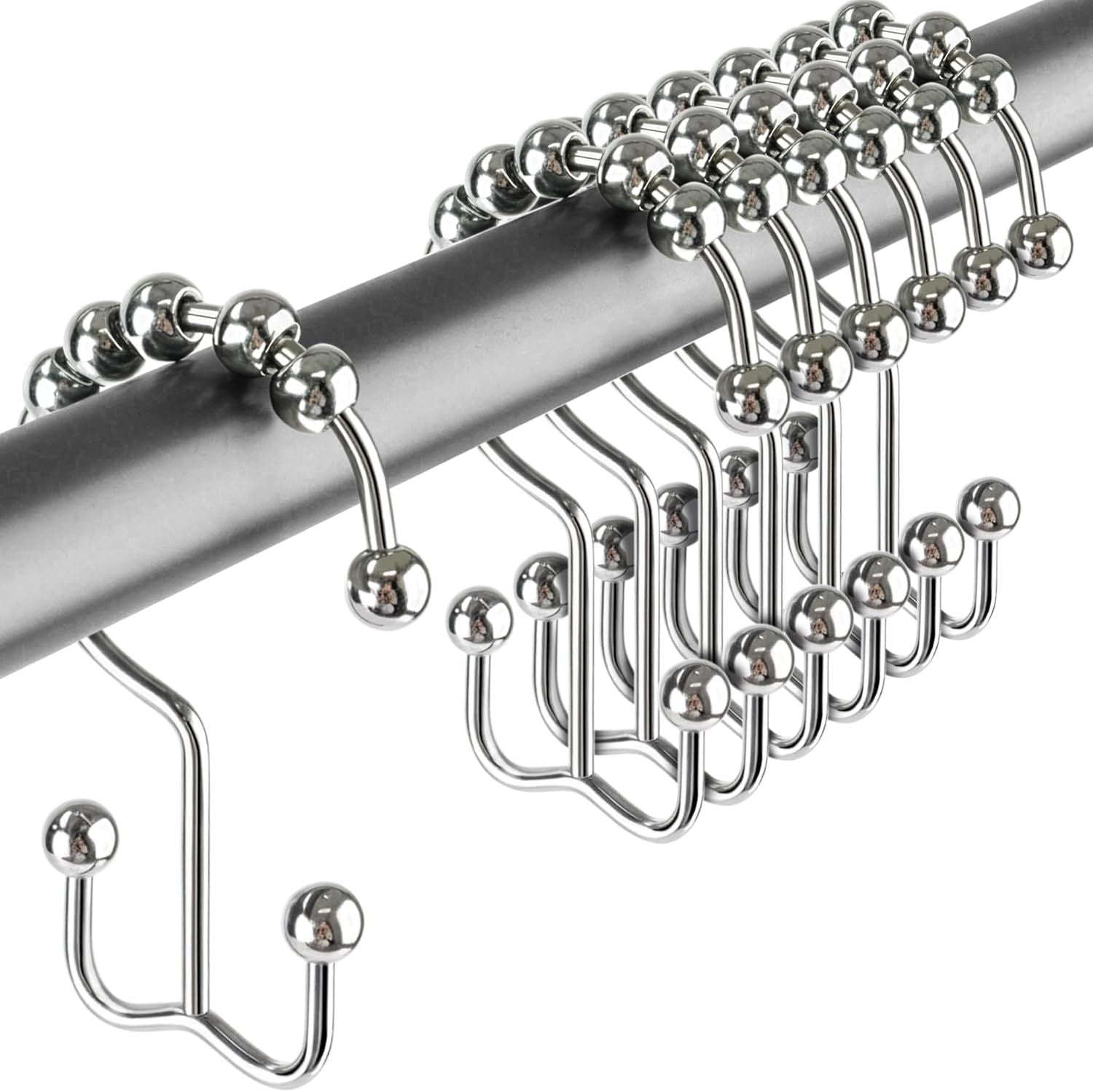12 Pack Shower Curtain Hooks, Heavy Duty Coated Stainless Steel, Rustproof and Corrosion Resistant, Smooth Glide Double Hooks for Standard Shower Rods, Chrome (12 Pack)