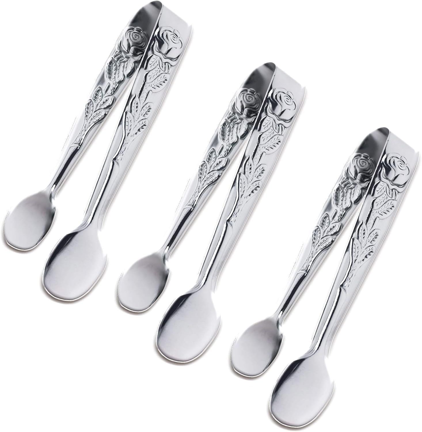 3PCS Mini Serving Tongs, 4Inch Rose Stainless Steel Sugar Cube Tongs, Sliver Small Ice Tong for Tea and Coffee Party, Appetizers, Desserts by  (Silver)