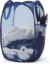 Collapsible Pop Up Laundry Basket, Hamper with Sturdy Handles and Side Pocket - Mesh Portable Foldable Dirty Clothes Hamper for Dorm, Laundry room, Bathroom and Travel Storage, Navy Blue
