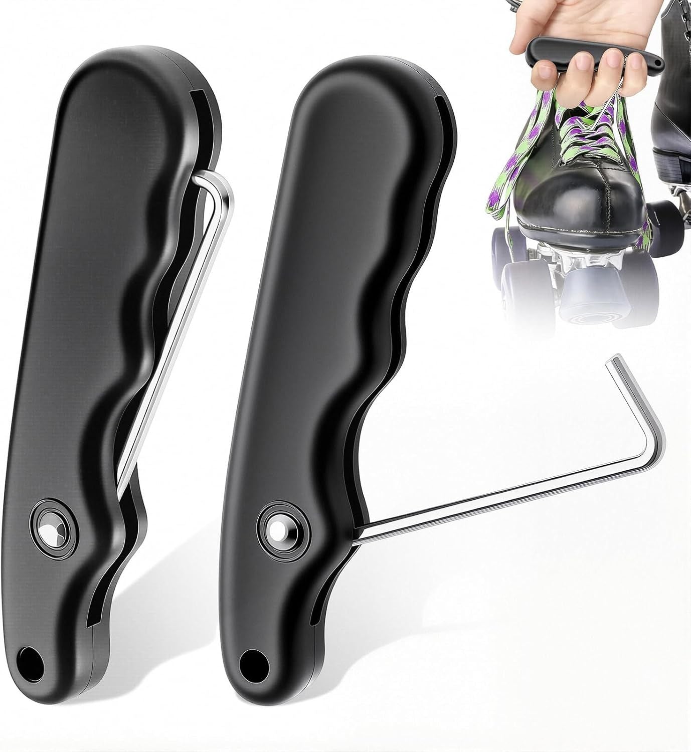2 Pieces Folding Shoe Lace Puller, Stainless Steel Hockey Skate Lace Tightening Tool, Portable Black Boot Lace Tightener for Ice Skates & Figure Skates Lace Tightener