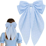 8 Inch Hair Bows Barrettes for Women & Girls Large Satin Bow Hair Clip with Long Tail - Elegant Hair Ribbon for French Stylish Looks -Chic Soft Cloth Oversized Bows Hair Accessories (Blue)