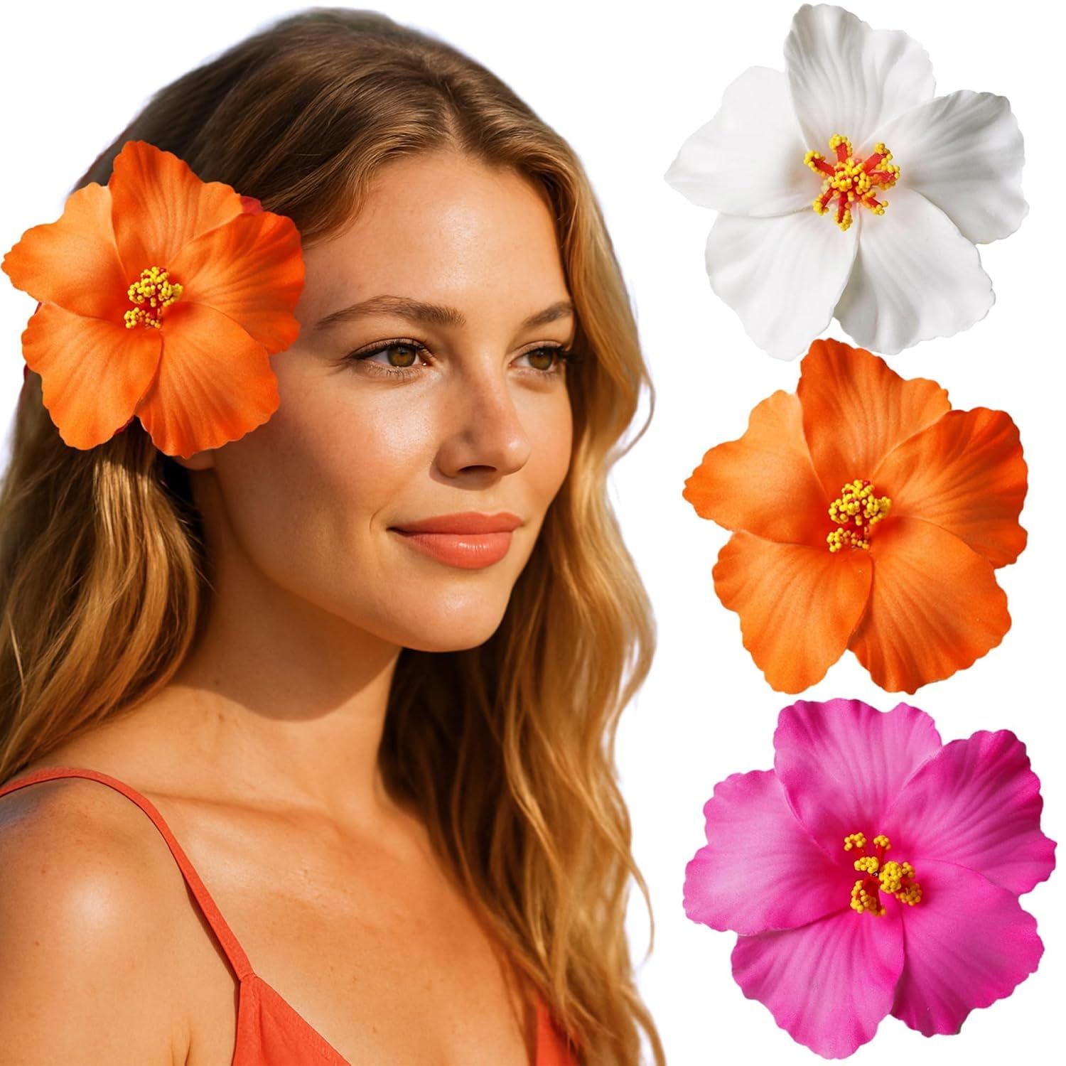 3 Pack Hawaiian Flower Hair Clips, 3.5" Tropical Plumeria Hibiscus Flower Hair Clip for Women, Hibiscus Hair Clips for Beach, Luau, Wedding Accessories