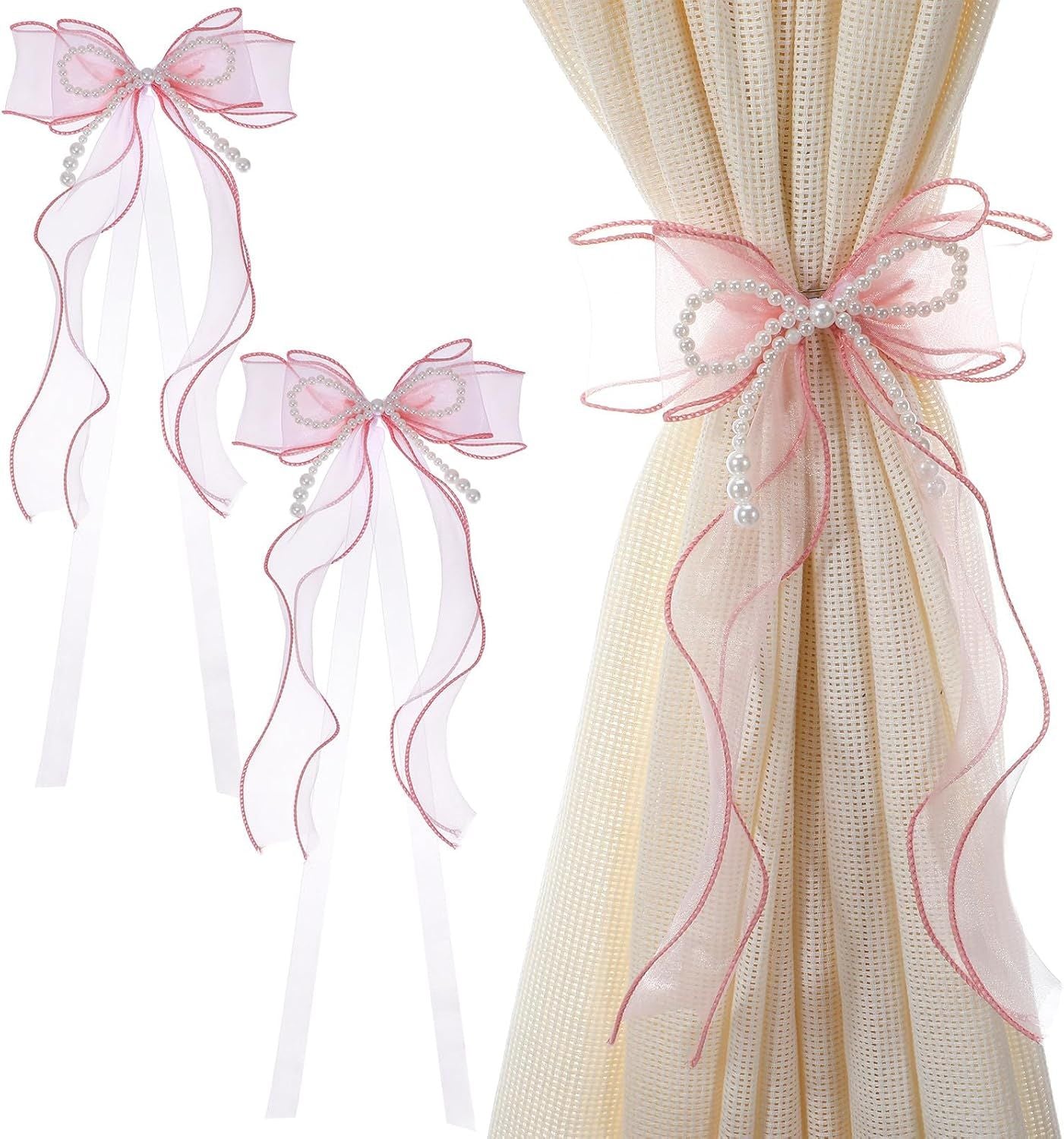 2PCS Pink Bow Curtain Tiebacks, Lace Ribbon Curtains Tie Backs for Room Decor Home Bedroom Living Women Girls Window Wedding Party Decor Accessories