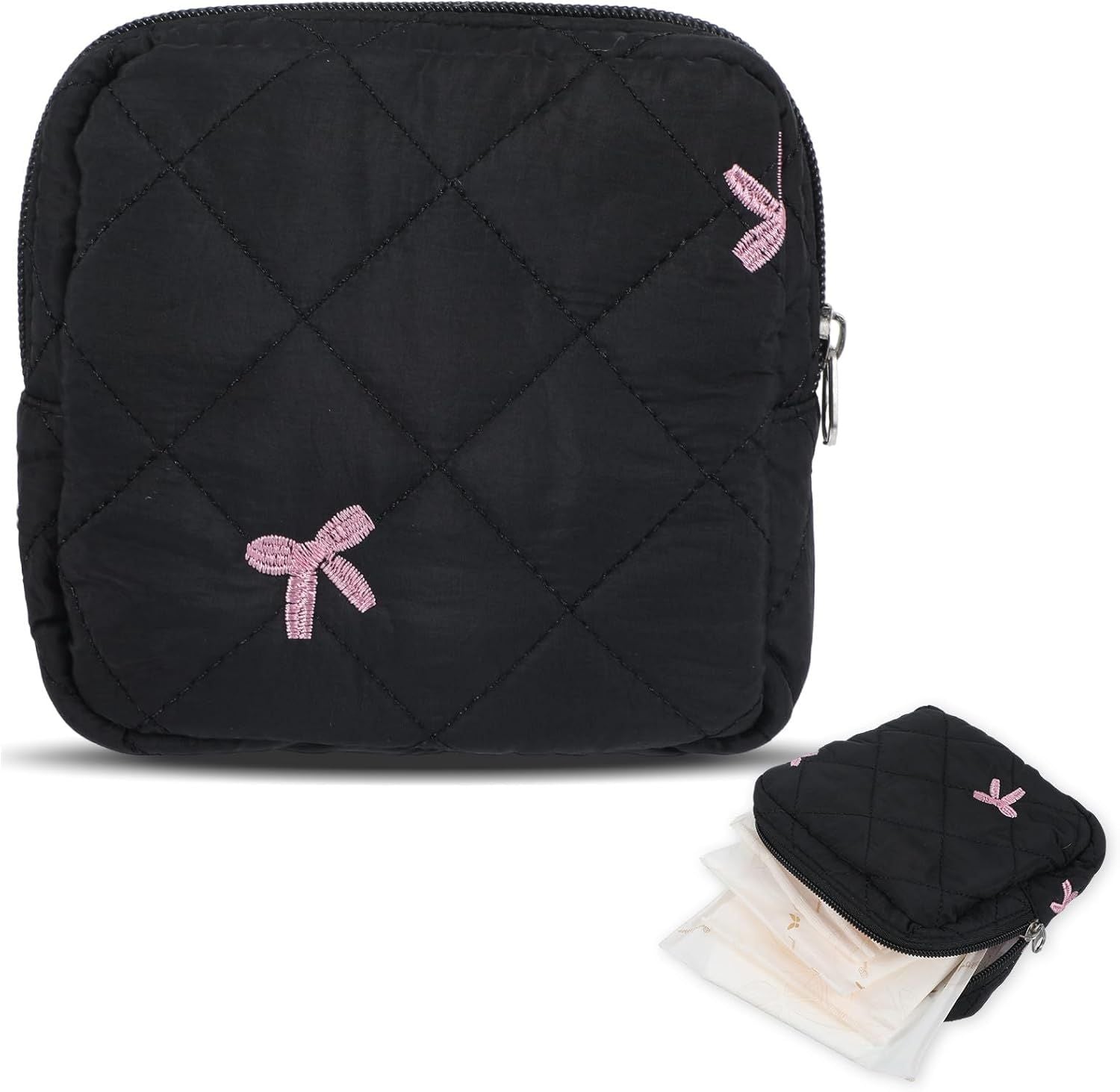 Portable Period Bags for Girls, Cute Bow Period Pouch for Pads Sanitary Napkins Small Tampons, Sanitary Napkin Storage Bag First Gifts for Girls (Black)