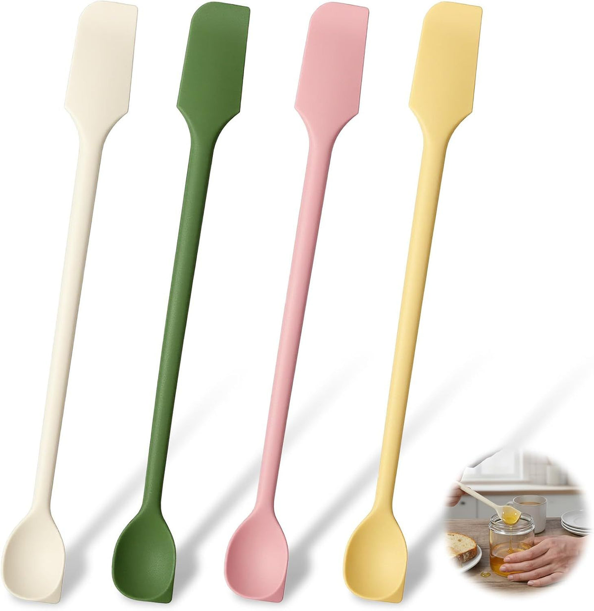 4 Pcs Long Dual-End Silicone Spatula, Small Spatula & Stirring Spoons for Jam Jars & Makeup, Thin Curved End for Scraping, Slim Spoon End for Scooping and Mixing (10.43 Inch)