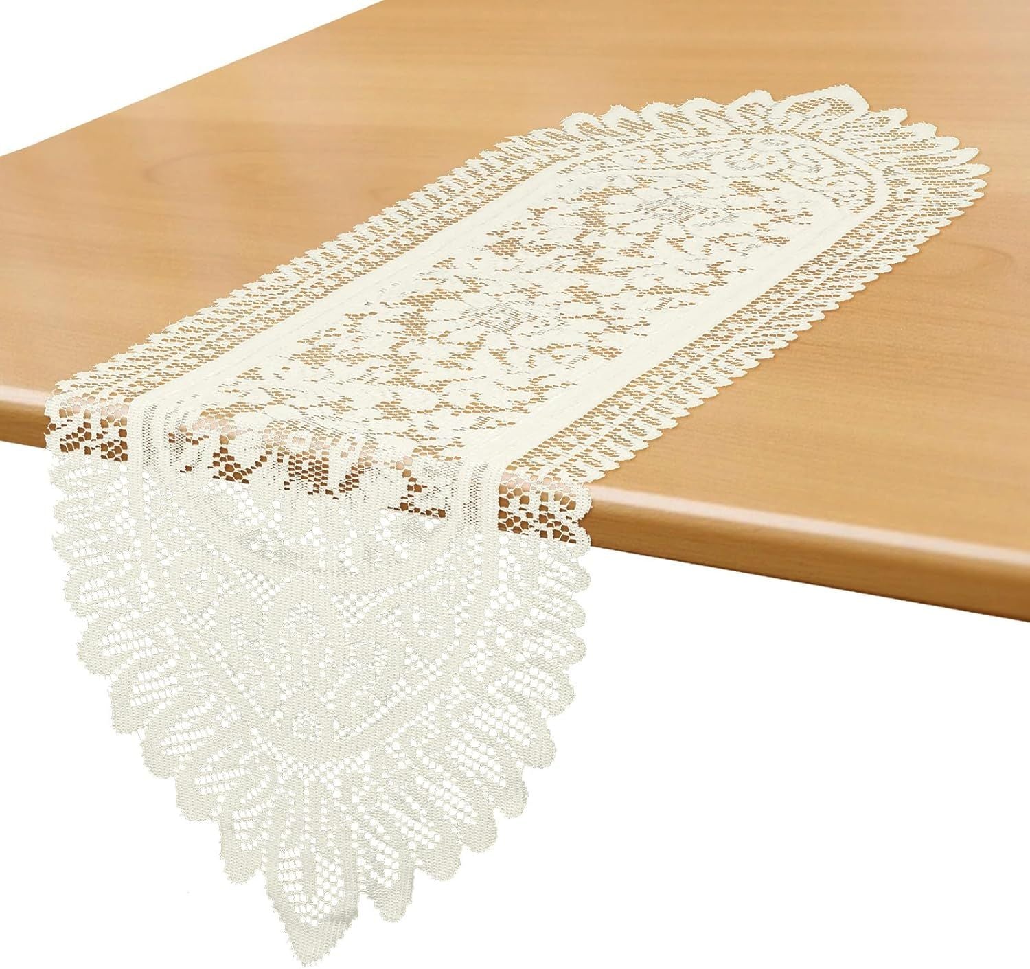 Beige and white crochet lace table runner with intricate floral pattern.