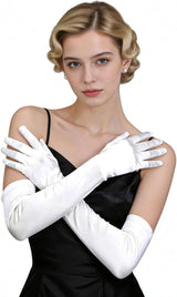 White satin opera gloves extending to the elbow.