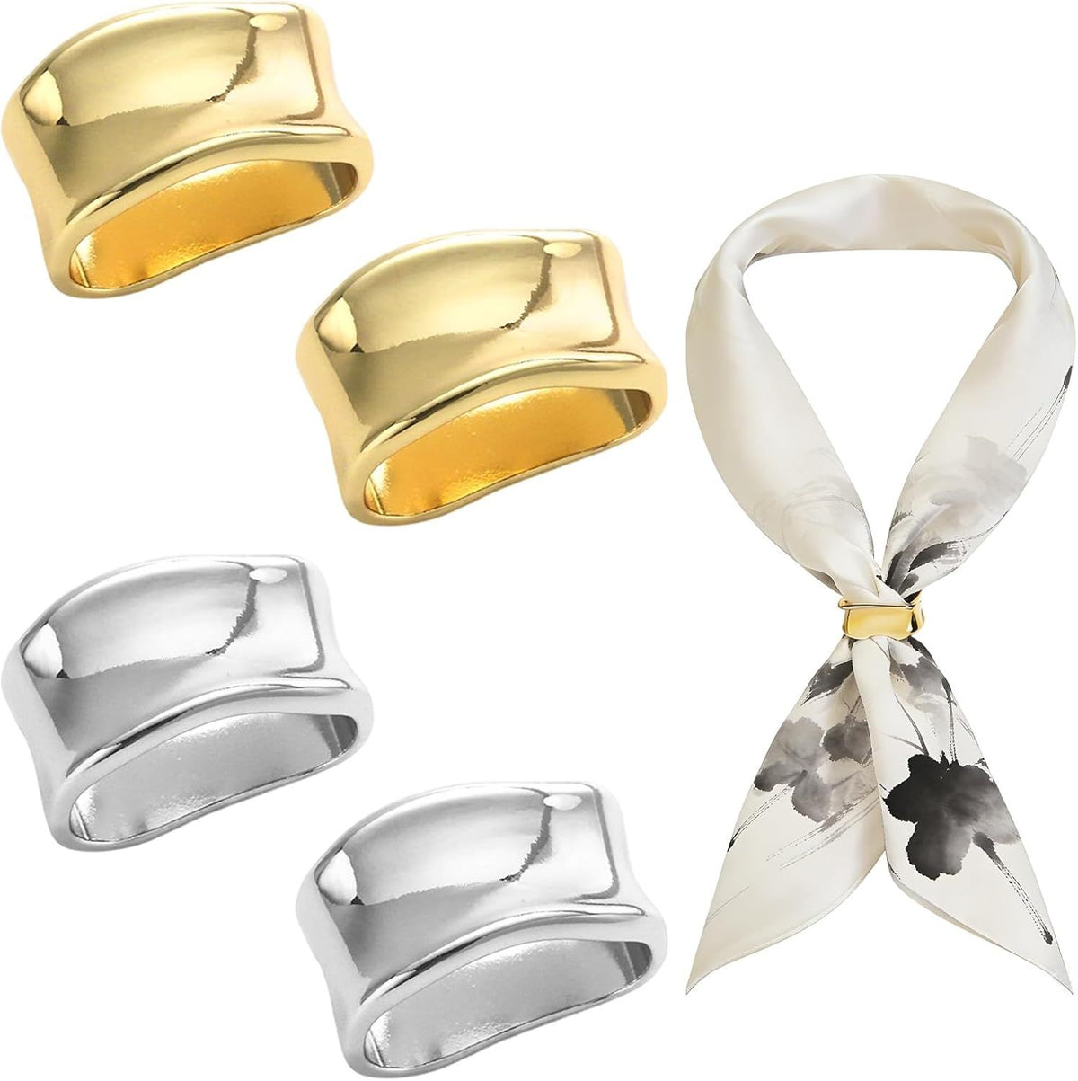 4 PCS Metal Scarf Clip Fashion Silk Scarves Clip Oblate Shawl Slide Buckle Minimalist Geometric Wrap Holder Clamp Grace Shawls Rings Brooches Clothing Accessory for Women Girls（Gold & Silver）