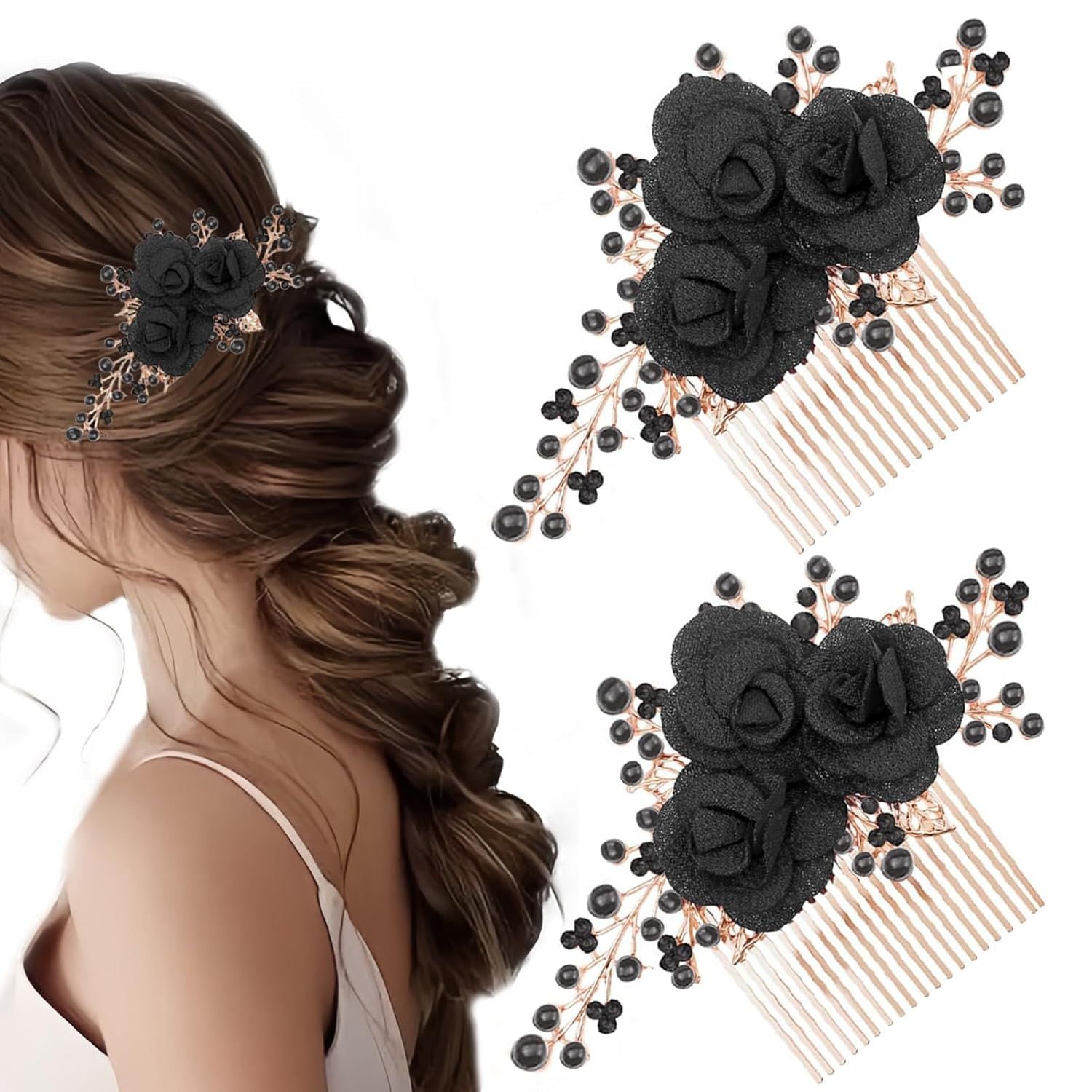 2 PCS Flower Hair Comb Black Bridal Wedding Hair Side Combs Black Rose Floral Rhinestone Pearl Headpiece Vintage Decorative Girl Women Hair Accessories for Wedding Party Prom Valentine's Day Headband