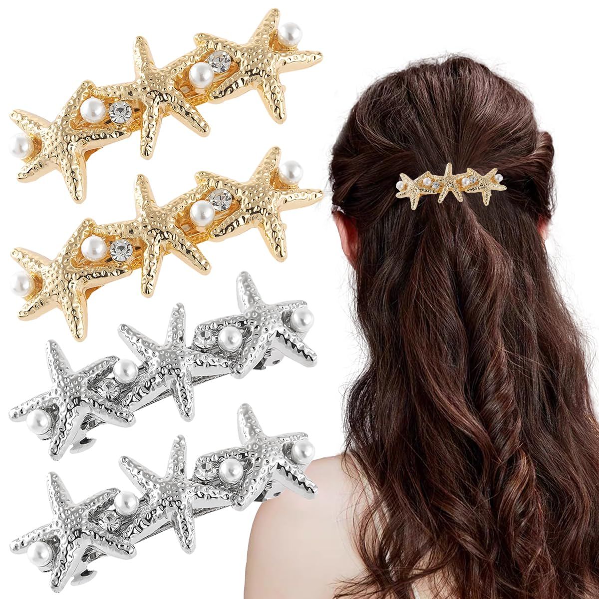 4 PCS Starfish Hair Barrettes for Women Girls Hair Clips Pearl Spring Hair Clip Accessories Women Fashion Ponytail Holders French Barrettes for Thick Hair Clips for Long Hair for Daily Use