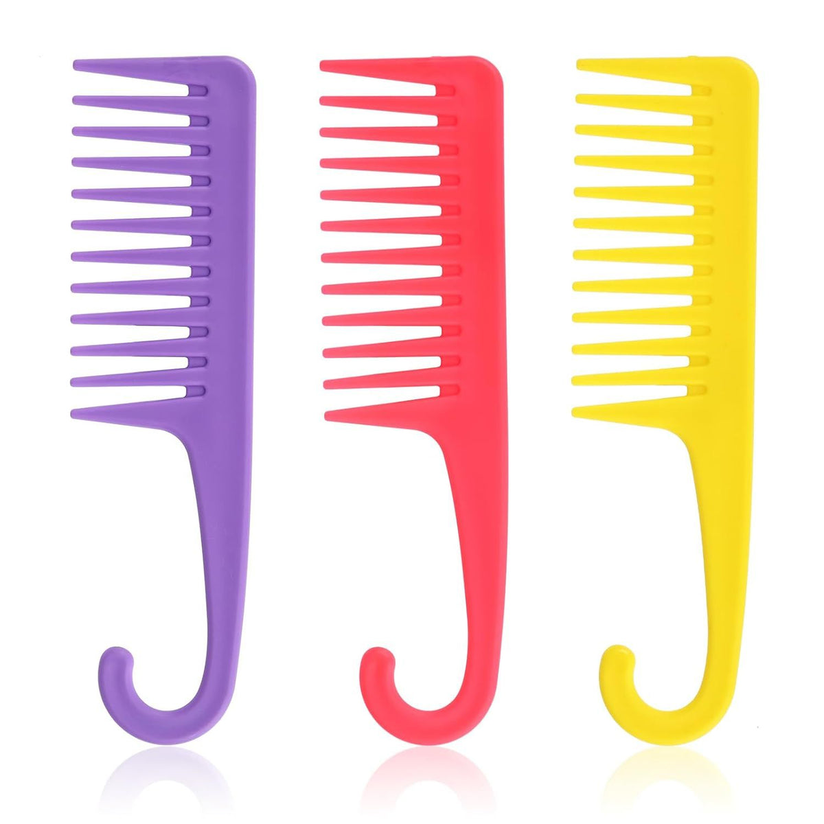 3PCS Wide Tooth Hair Combs with Hook, Large Detangling Shower Combs Set for Wet or Dry Hair, Conditioner Combs for Curly, Thick & Long Hair (Purple/Rose Red/Yellow)
