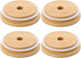 4 Pack 86mm Wide Mouth Bamboo Mason Jar Lids with Straw Hole Reusable Bamboo Caps Leak-Proof Glass Canning Drinking Storage Jars Lid