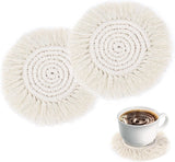 Boho Coasters for Drinks Absorbent Crochet Coasters Round Boho Coaster Set of 2 Housewarming Gift Bar Coffee Table Office Desk Decor, White