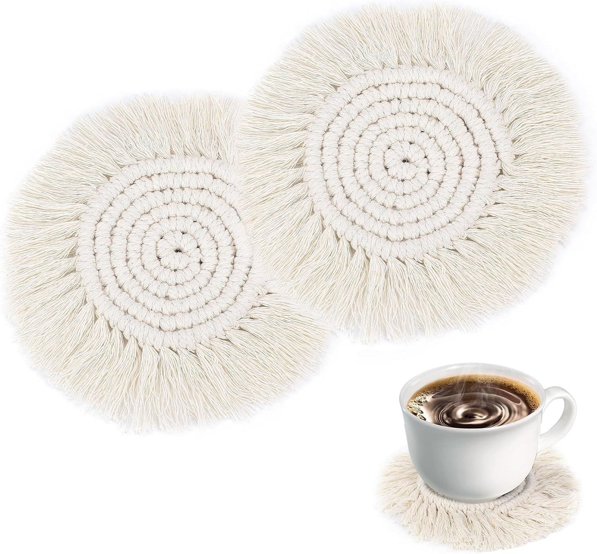 Boho Coasters for Drinks Absorbent Crochet Coasters Round Boho Coaster Set of 2 Housewarming Gift Bar Coffee Table Office Desk Decor, White