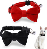2 Pcs Velvet Cat Collar Cute Cat Bow Tie Collar for Boy Cats Breakaway Kitten Collars with Bell Adjustable Puppy Bow Tie Collar Personalized Collars for Small Pets