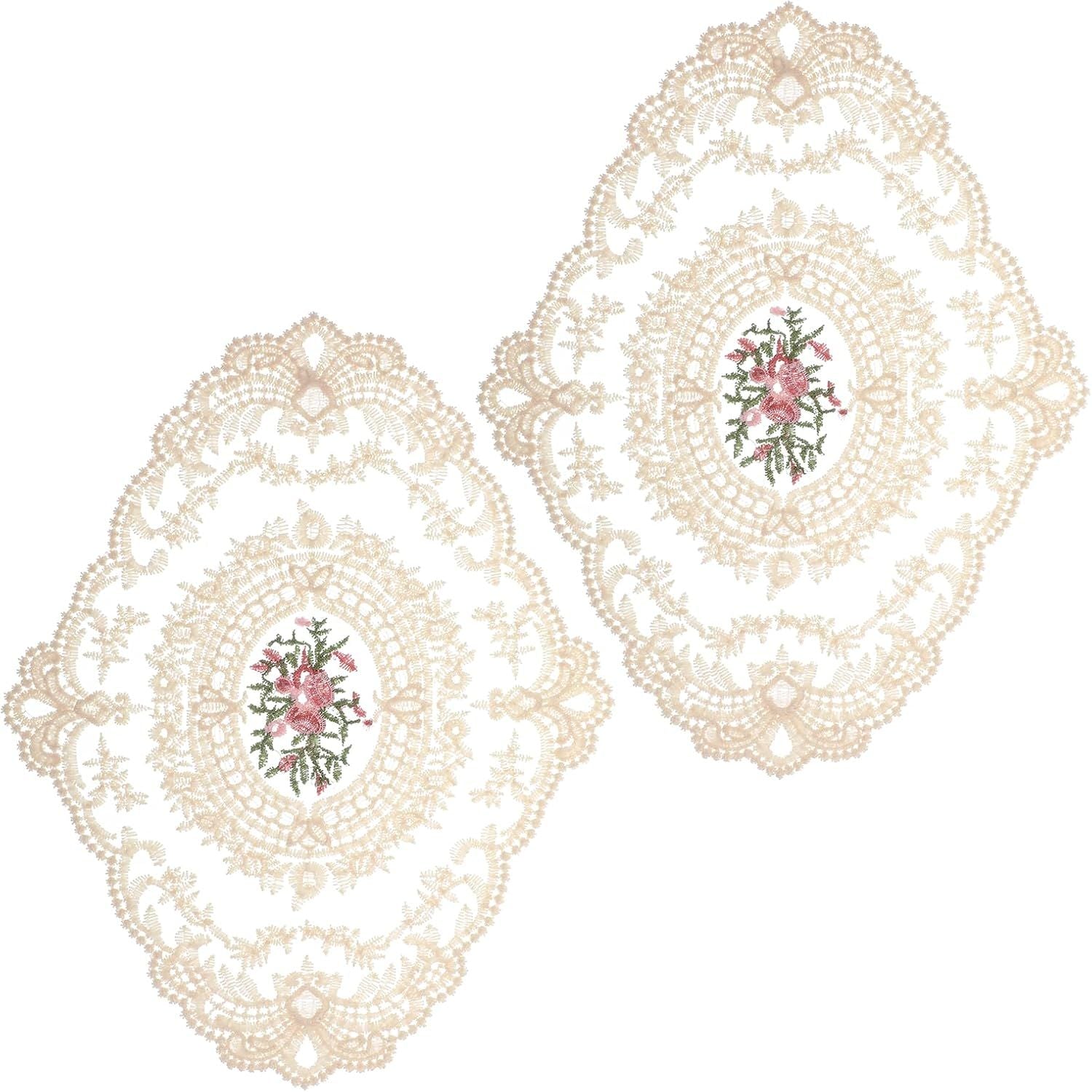 2PCS Lace Doilies for Tables, Lace Placemats Doilies for Tables Beige Embroidered Cup Mats Table Mats, Elegant and Retro for Desktop Decoration, Heat Insulation