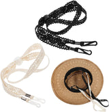 2 PCS Hat Straps for Wind, Adjustable Beige Black Chin Cord, Lace Sun Hat Chin Strap with Clips, Replacement Lace Windproof Keeper String for Women Outdoor Hats