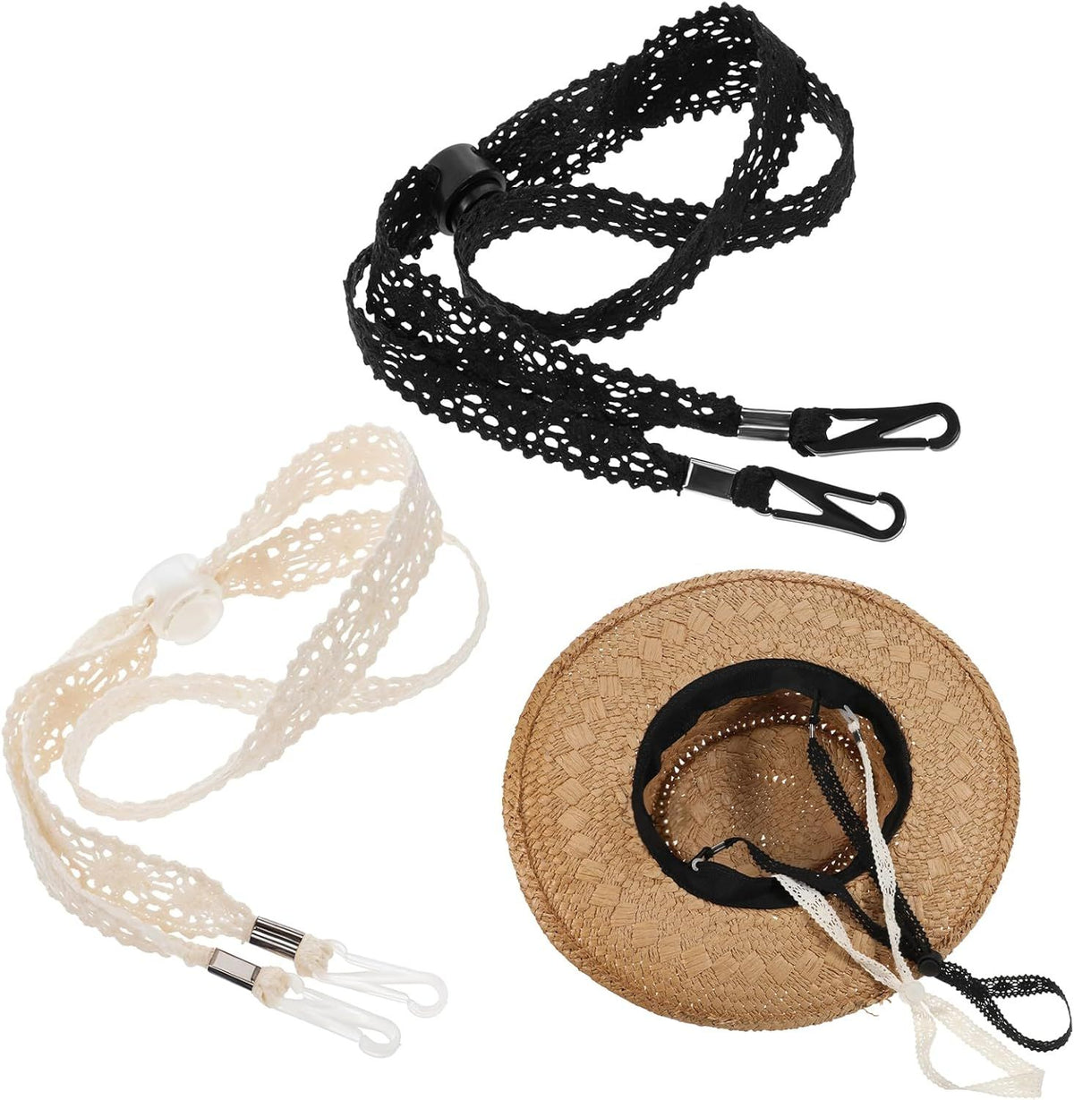 2 PCS Hat Straps for Wind, Adjustable Beige Black Chin Cord, Lace Sun Hat Chin Strap with Clips, Replacement Lace Windproof Keeper String for Women Outdoor Hats