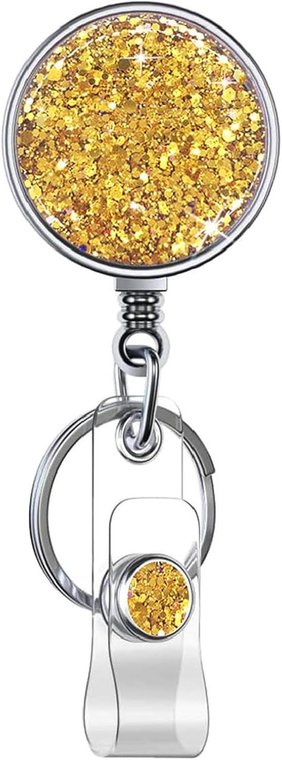 Bling Circular Retractable Badge Holder, Retractable Badge Reels with Key Ring Backing Belt Clip for Nurse,Medical Healthcare Worker, Volunteer,Teacher,Student (1 Pack-Yellow)