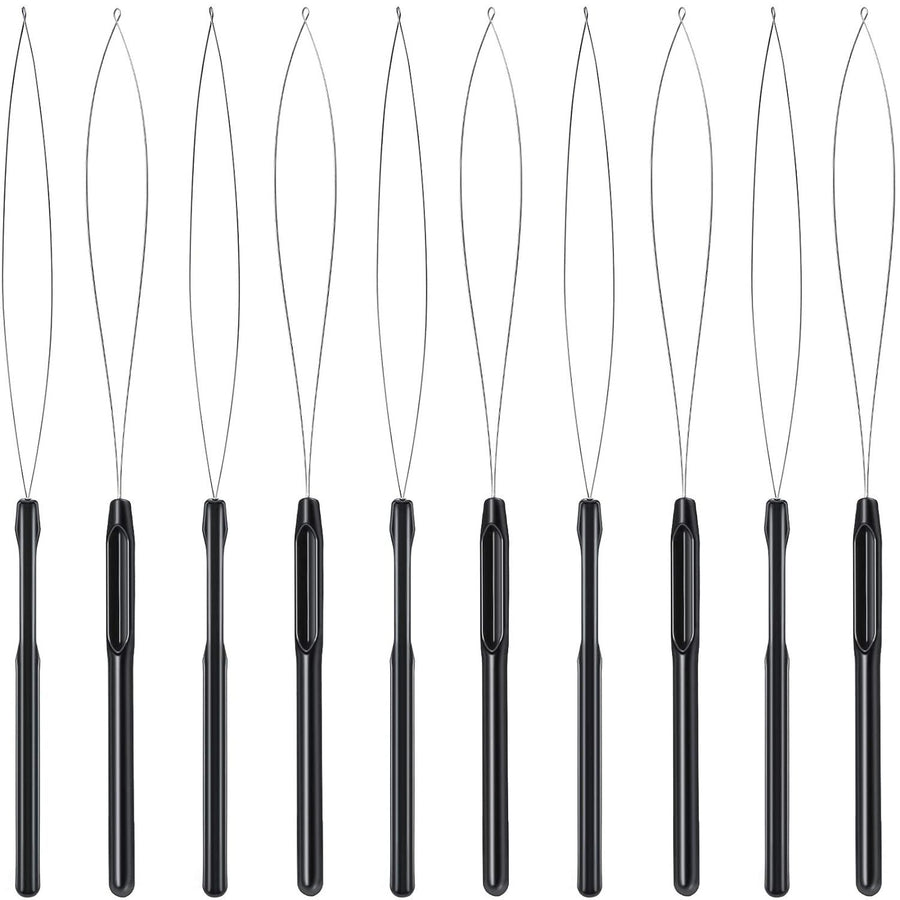 10 Pieces Hair Extension Loop Needle Threader Pulling Hook Tool and Bead Device Tool Black Loop Threader for Hair or Feather Extensions (Black)