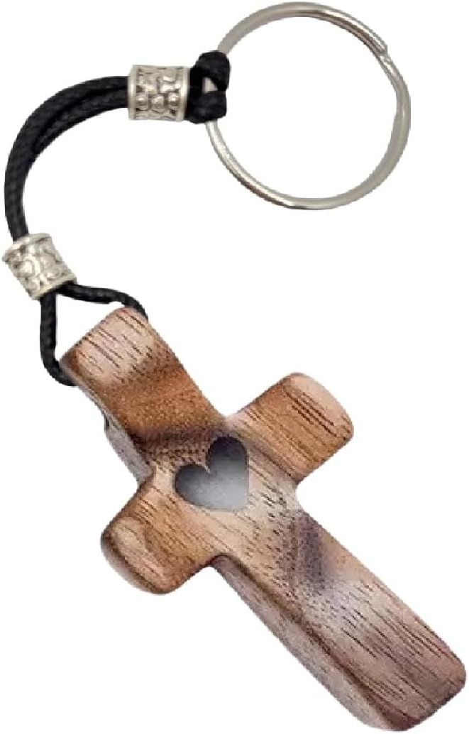 Black Walnut Wood Cross Keychain, Design Comfort Touch Pocket Size Prayer Worry Coin, Inspirational Christian Keychains Accessories Purse Charms for Men Women