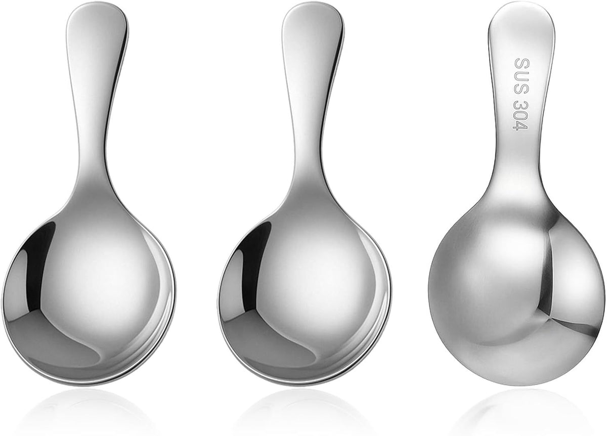 304 Stainless Spoons for Canisters, 3 PCS Short Handle Spoons, Silver Mini Scoops, Thickened Small Round Spoon, Small Coffee Scoops Candy Scoops for Salt Sugar Condiments Tea Desserts Coffee