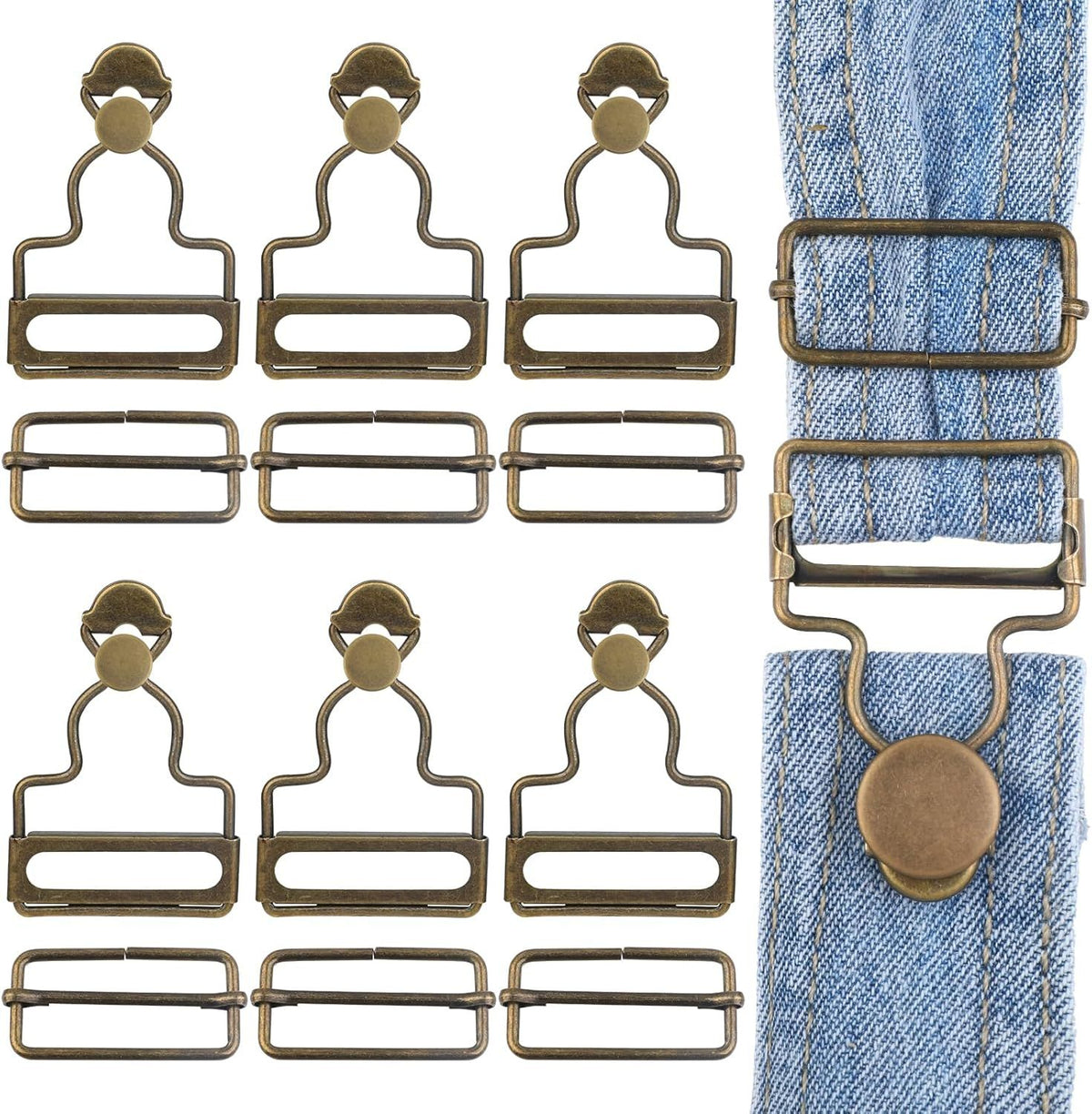6 Sets Overalls Buckles, 1.25 inch Metal Overall Replacement Clasp Clips with Adjustable Tri Glide Slide Buckle and Buttons, DIY Button No-Sew Accessories for Overall Bib Pants Trousers Jeans Jacket