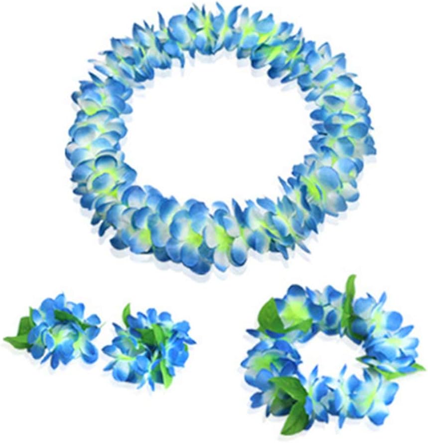 Yansanido 4 Pcs Blue Hawaiian Leis with Green Leaves for Graduation Party, Dance Party, Photo Prop in Outdoors (Blue)