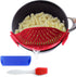 Clip On Kitchen Food Strainer for Spaghetti, Meat, Pasta, & Ground Beef Grease, Colander & Sieve Snaps or Clips Onto Bowls, Pots & Pans Includes Silicone Drainer, Brush & Garlic Peeler (Dk Red)