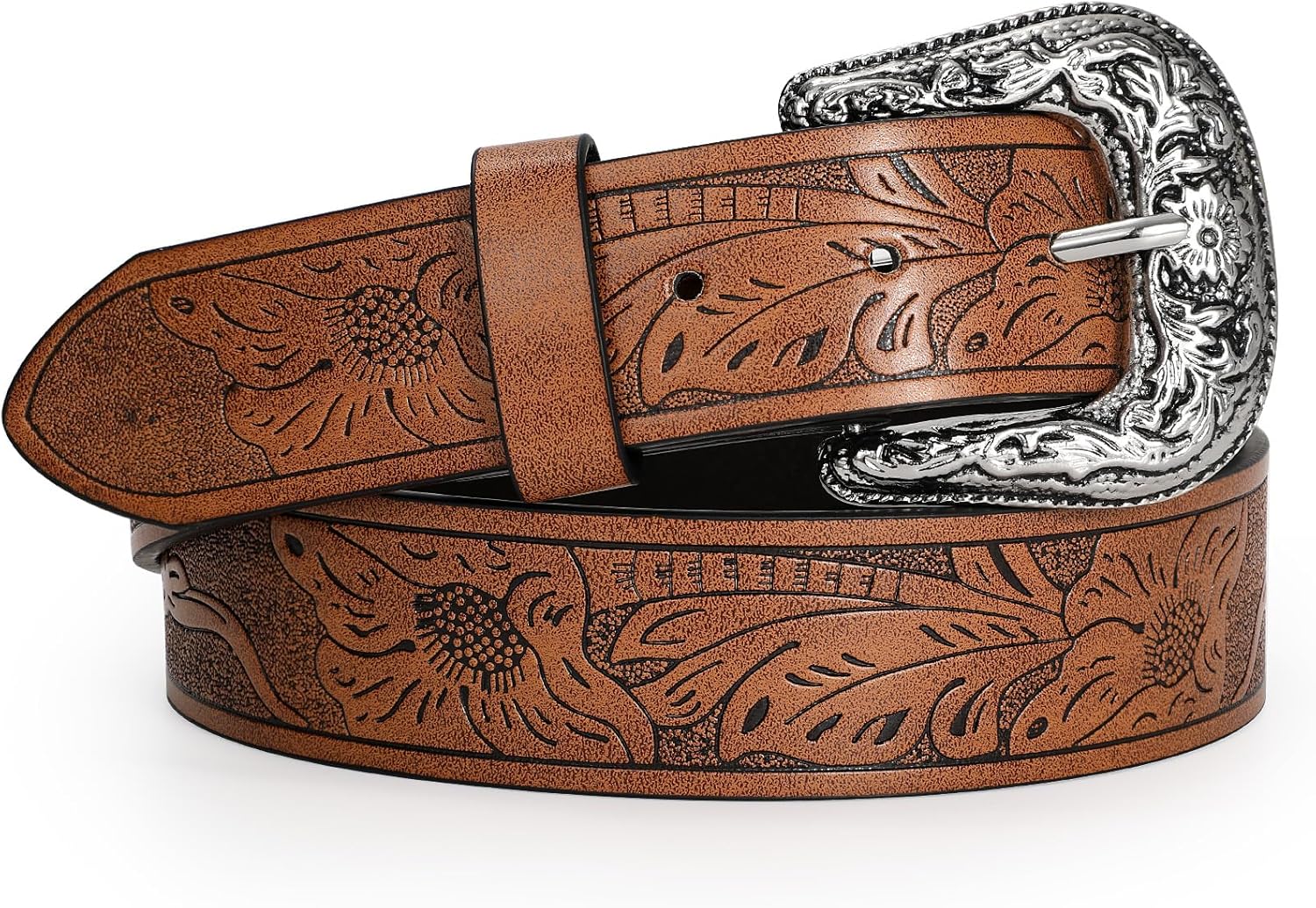 Adjtable Vintage Western Belts for Women Men Cowboy Cowgirl Belt Engraved Buckle Belt for Jeans Pants Dresses