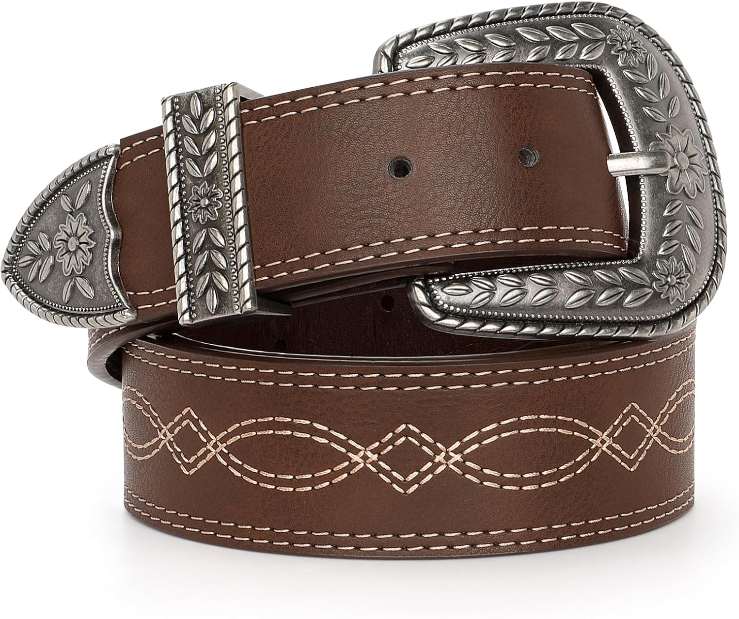 Vintage Flower Women Leather Belt Country Waist Belt Cowgirl Belts with Engraved Buckle for Jeans Pants Dress