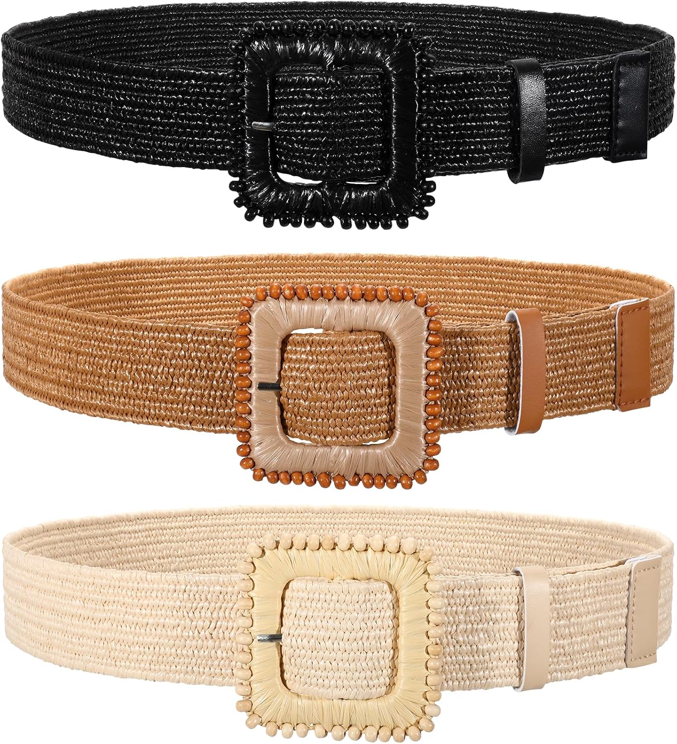 3 Pack Straw Woven Stretch Belt for Women,Raffia Elastic Belt for Dress Wide Boho Waist Belt with Square Buckle