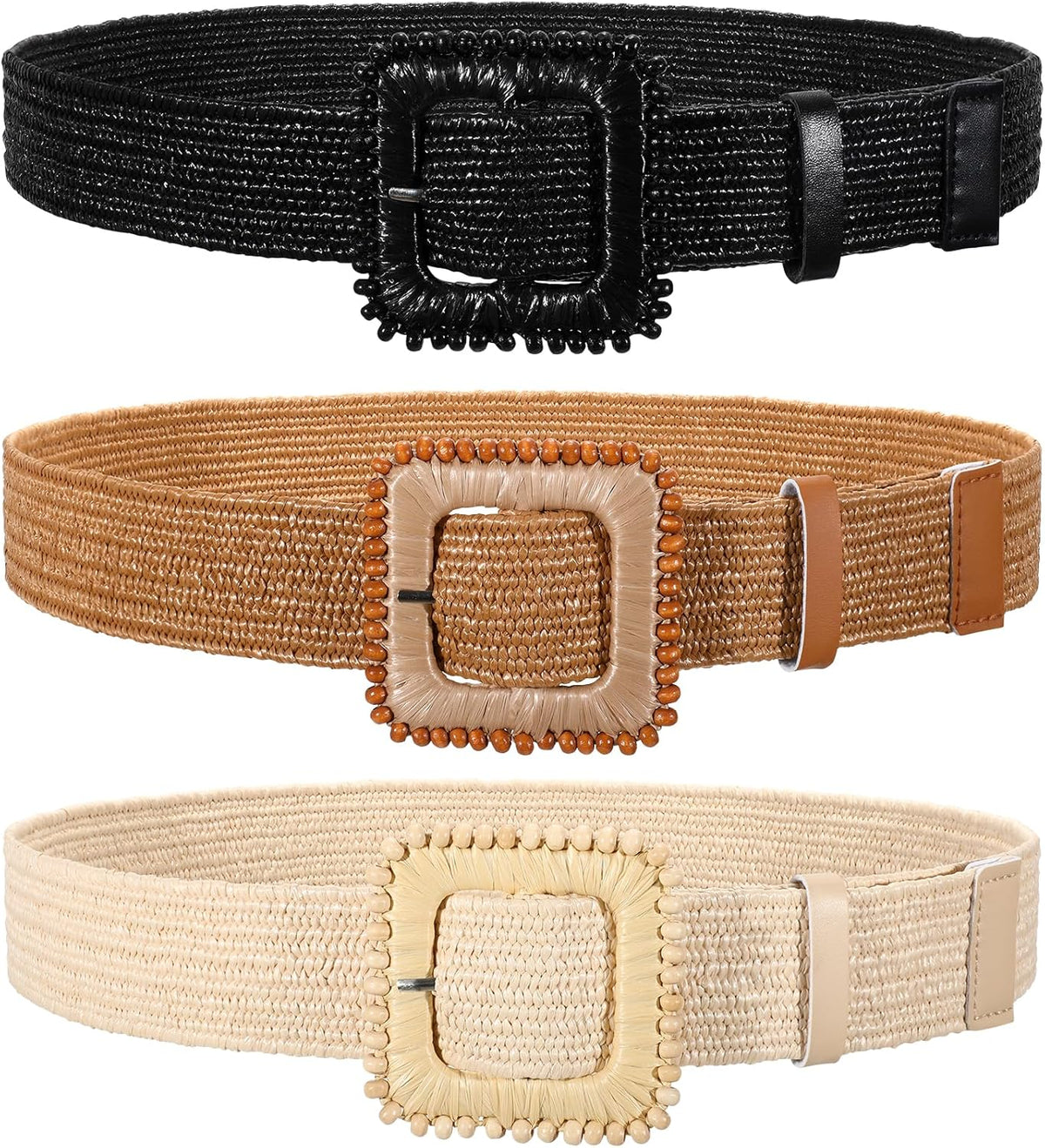 3 Pack Straw Woven Stretch Belt for Women,Raffia Elastic Belt for Dress Wide Boho Waist Belt with Square Buckle